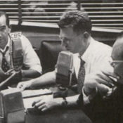 Edward R. Murrow, Dick Hottelot, and the announcer, Dixon