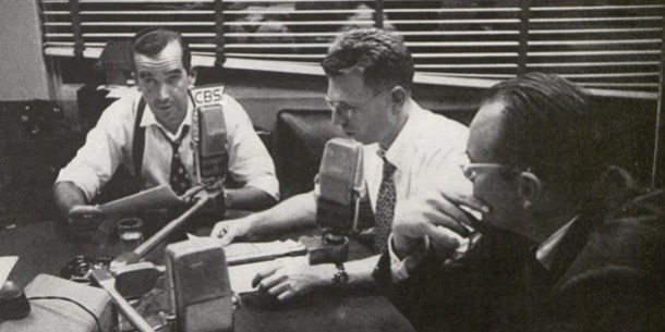 Edward R. Murrow, Dick Hottelot, and the announcer, Dixon