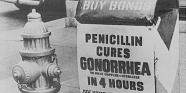 An ad in a city street for penicillin