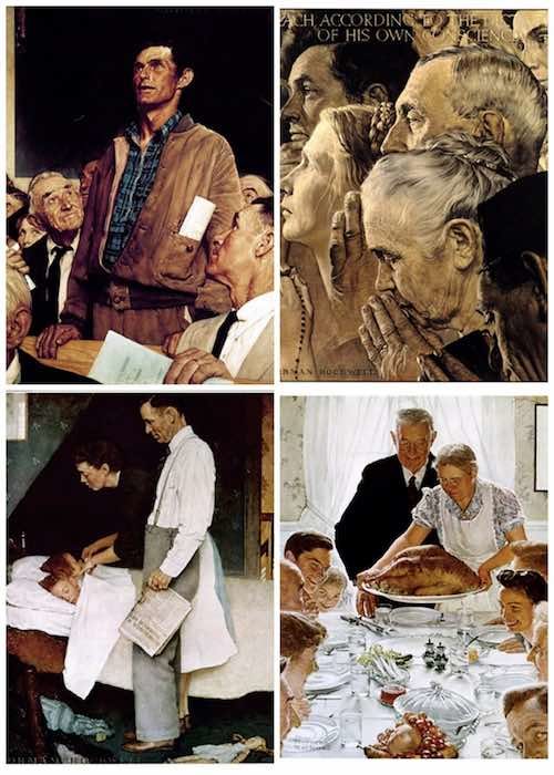Norman Rockwell's Four Freedoms arranged in a collage. In the top-left, a man is standing to speak in a crowded room; in the top-right, worshippers pray in a church; in the bottom-left, a boy is tucked into bed by his parents, his father is holding a newspaper; in the bottom-right, grandparents serve turkey to their family.