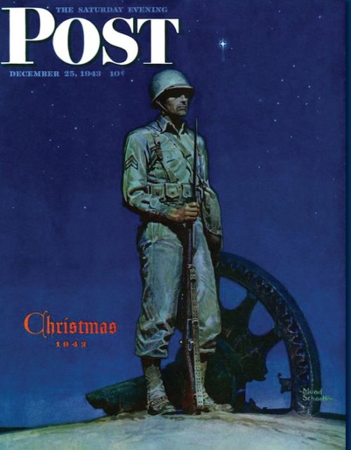 An American soldier standing at attention next to a cannon at night. The word "Christmas" is displayed next to him; the North Star is shining above