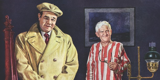 Babe Ruth, in raincoat, posing with an elderly man.