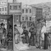 Unemployed people loitering about in a city during the Panic of 1837