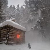 A cabin during a blizzard