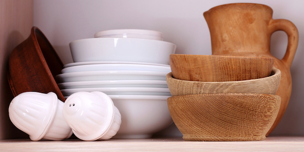 Bowls on a wooden shelf