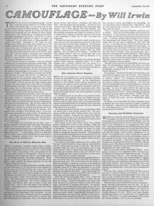 The first page for the 1917 article, "Camouflage".