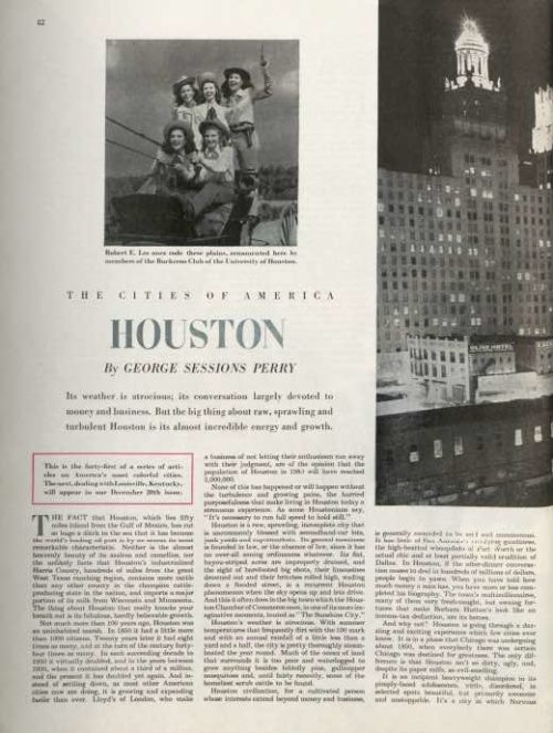 The first page for the 1947 article, "Cities of America: Houston"