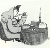 CIA agent in a trench coat eating steak in a restaurant