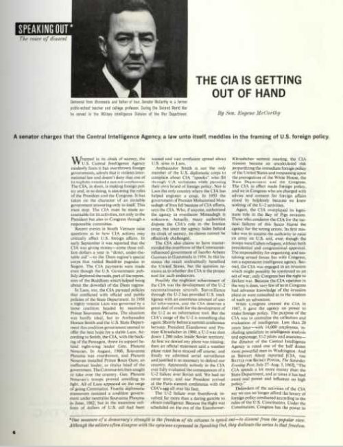 Front page for the Eugene McCarthy article, "The CIA is Getting Out of Hand"