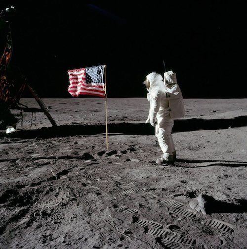 Buzz Aldin on the moon with the U.S. flag