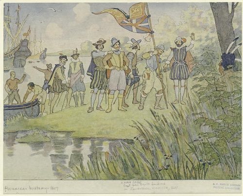 Engraving of John Smith and his company landing at Jamestown