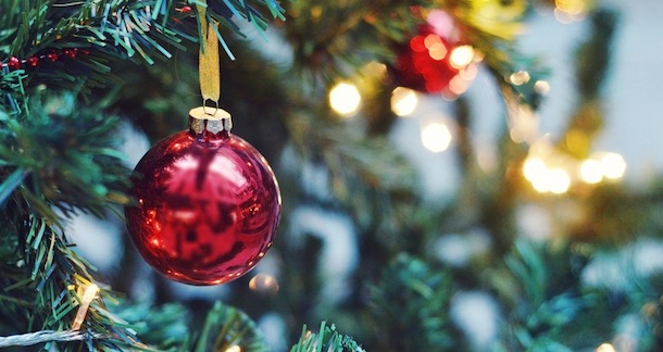 Close-up of a Christmas tree bulb hanging in a tree