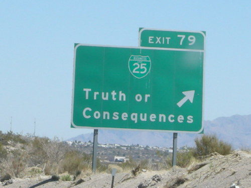 Highway sign reading "Truth or Consequences"