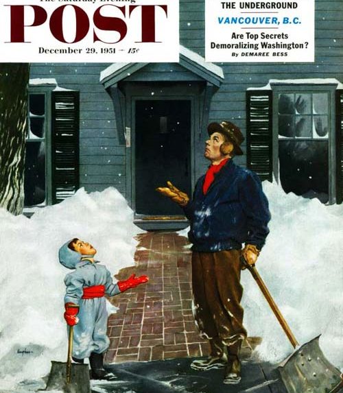 Man and his son standing outside as snow is falling
