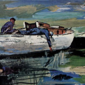 Two men in a small boat