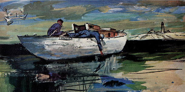 Two men in a small boat