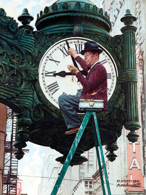 Man winding a store clock