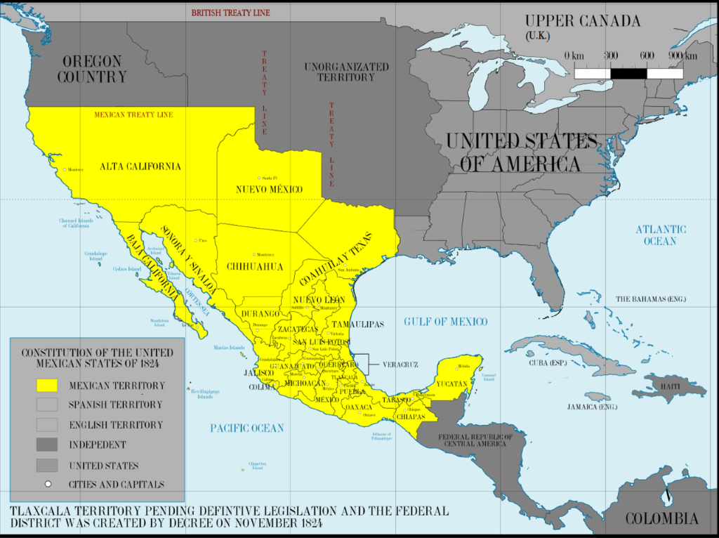 Map depicting the extend of the United States of Mexico in 1824, showing how Mexican territory extended north to Oregon.