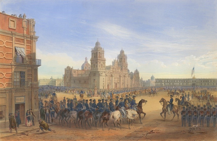 Painting of United States General Winifred Scott entering Mexico City with his army in the waning days of the Mexican War.