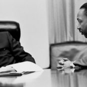 President Johnson listening to Dr. Martin Luther King, Jr. in the White House