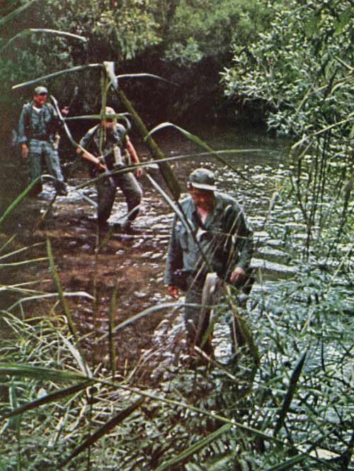 GIs patrol a river in Vietnam.