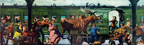 People and a moose in front of a train