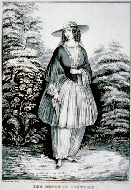 A lithograph of a 19th century woman wearing bloomers in a garden,