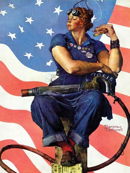 Illustration of the World War II-era character "Rosie the Riveter". She is wearing denim pants while eating a sandwich on machinery. The U.S. flag is in waving in the background.