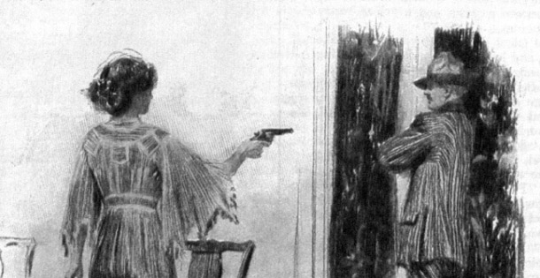 A woman pointing a gun at a man by the window