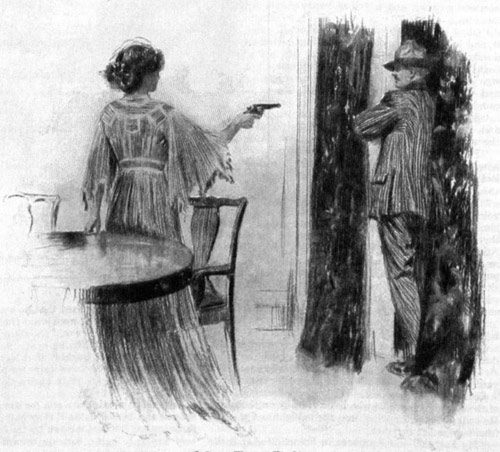 A woman pointing a gun at a man by the window