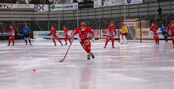 A Game of Bandy. This sport resembles hockey, but uses a small ball instead of a puck.