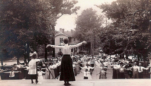 Women lead breathing exercises at the Battle Creek Sanitarium.