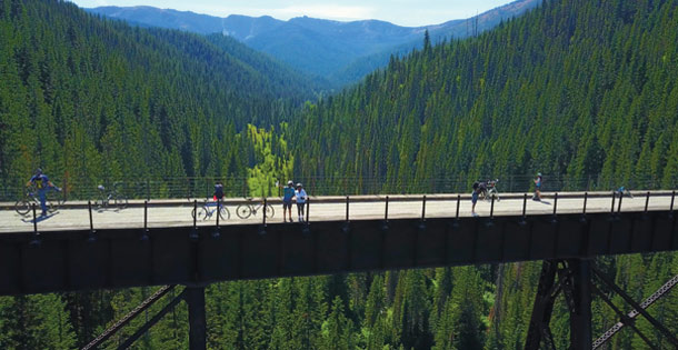 Bike riders on a bridge