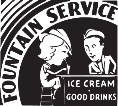 A stylized illustraiton of a soda jerk serving milkshakes to a woman.