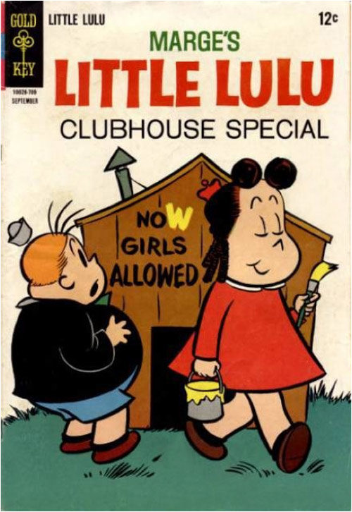 Lulu smugly walking away from a wooden shack with the words "NO GIRLS ALLOWED". A boy stands shocked in front.
