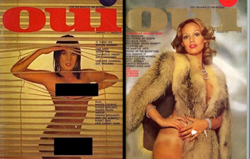 Covers of Oui magazine. A nude woman peeks from behind vention blinds, and on the other cover there's a woman wearing a fur coat.