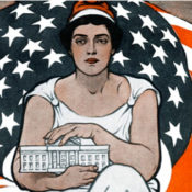 Personification of Columbia holding the White House in her hands.