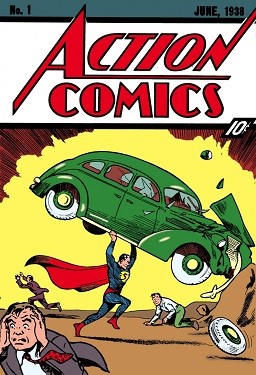 The cover to the first issue of Action Comics. Superman smashes a car against a large stone while criminals flee.