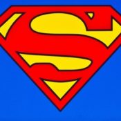 The Superman logo on a blue field.