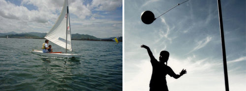 Two images, one of a man on a sailboat, the other is of a child playing Tetherball.