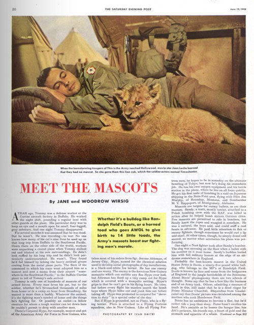 The first page for the article "Meet the Mascots" from an old issue of the Saturday Evening Post