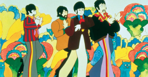 The Beatles walk through a psychedelic cartoon landscape