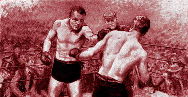 Boxers fight in a boxing ring while a referree looks on.