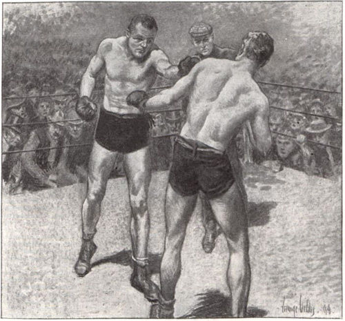 Boxers fight in a boxing ring while a referree looks on.