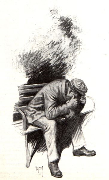 Man sits on a park bench with his head in his hands.