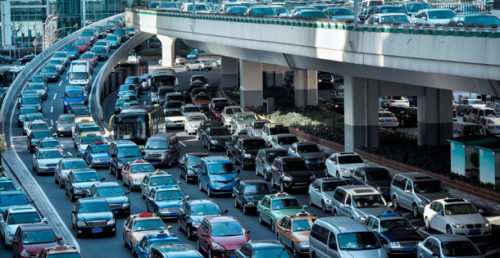 Morning commute traffic on a freeway.