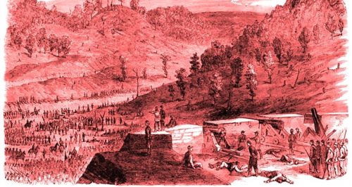 Illustration showing Union soldiers capturing Buzzard's Roost during the Civil War.