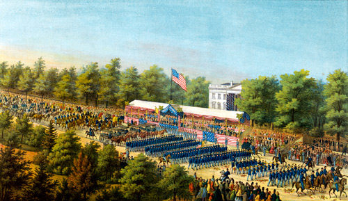 Companies of Union solders march through Washington D.C. before the President and his generals.