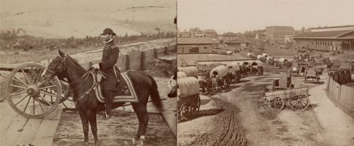 Two photographs showing William T. Sherman on hoseback, and Union army wagons.