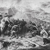 Scene from General Tecumseh Sherman's March to the Sea, with Union soldiers tearing up railroad tracks and, in the background, a house is burining.